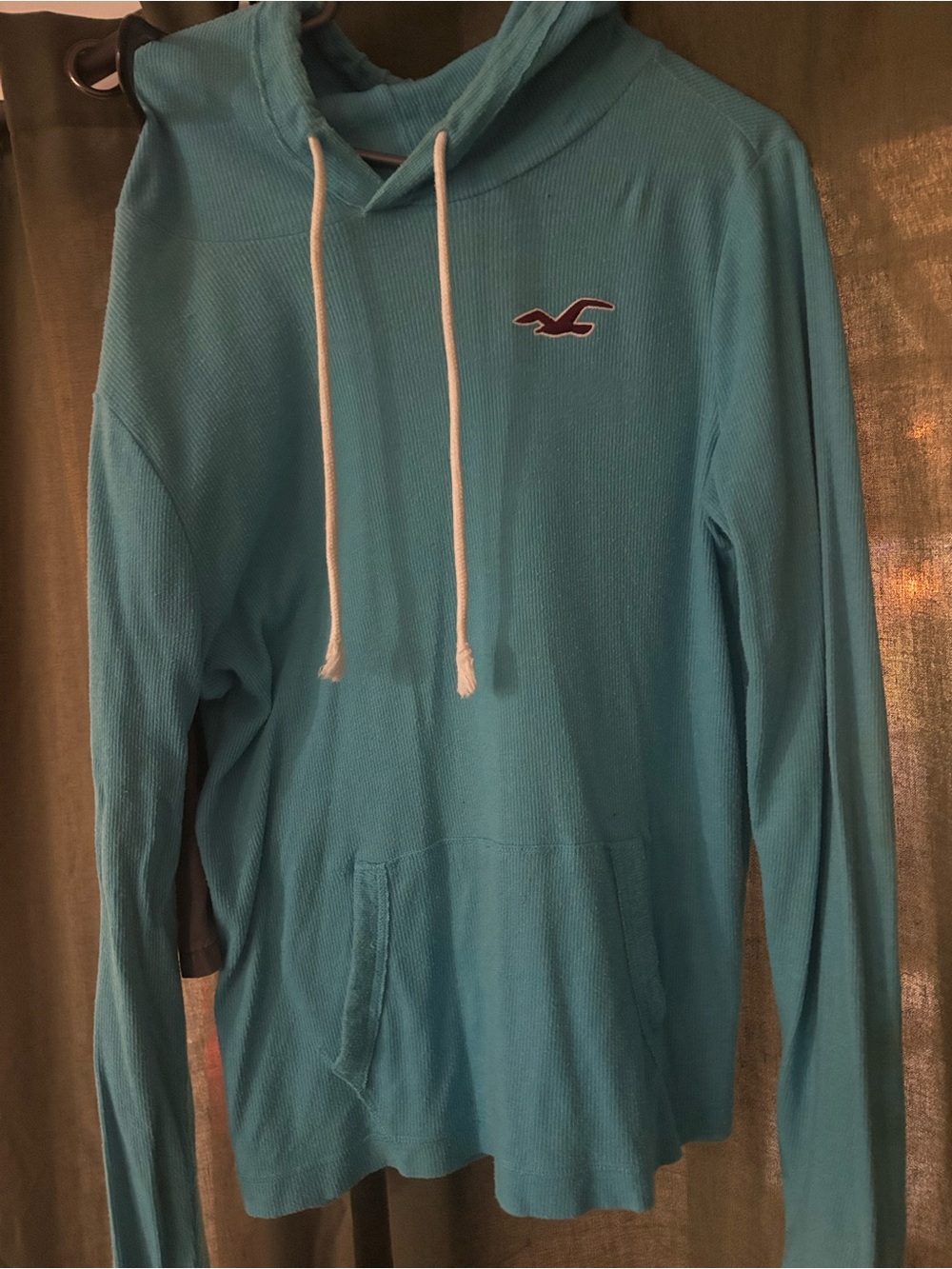 Hollister Men's Teal Pullover Hoodie with White Drawstrings